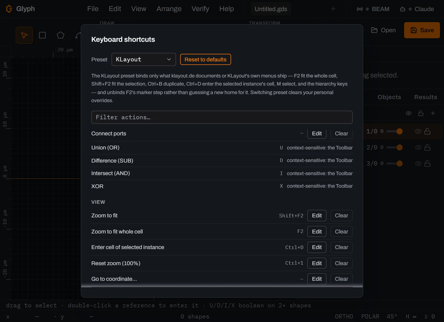 Glyph's Keyboard shortcuts dialog with Preset set to KLayout, a Reset to defaults button beside it, an explanatory note about overrides below, and the list of actions with the key the preset binds to each.
