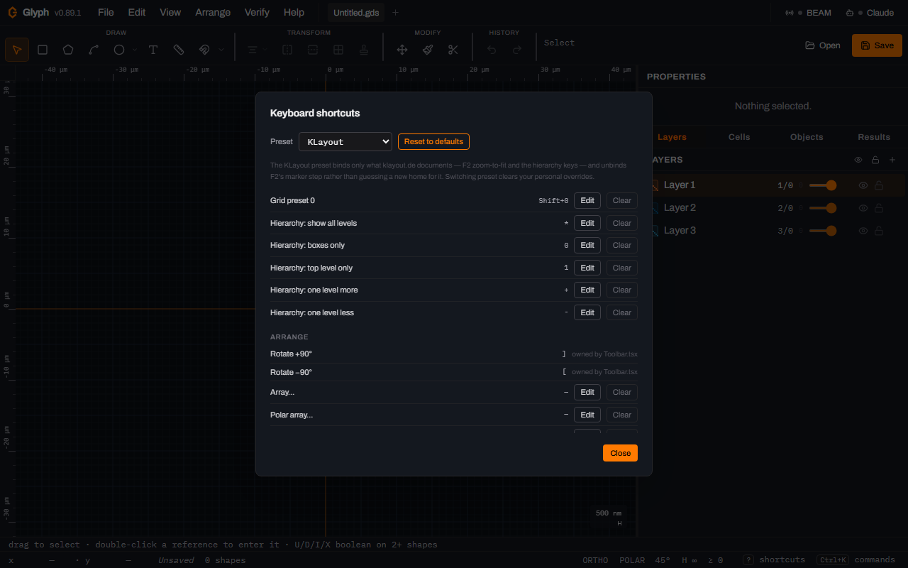 The same Keyboard shortcuts dialog scrolled down to show five consecutive View rows: Hierarchy show all levels bound to asterisk, boxes only to 0, top level only to 1, one level more to plus, and one level less to minus.
