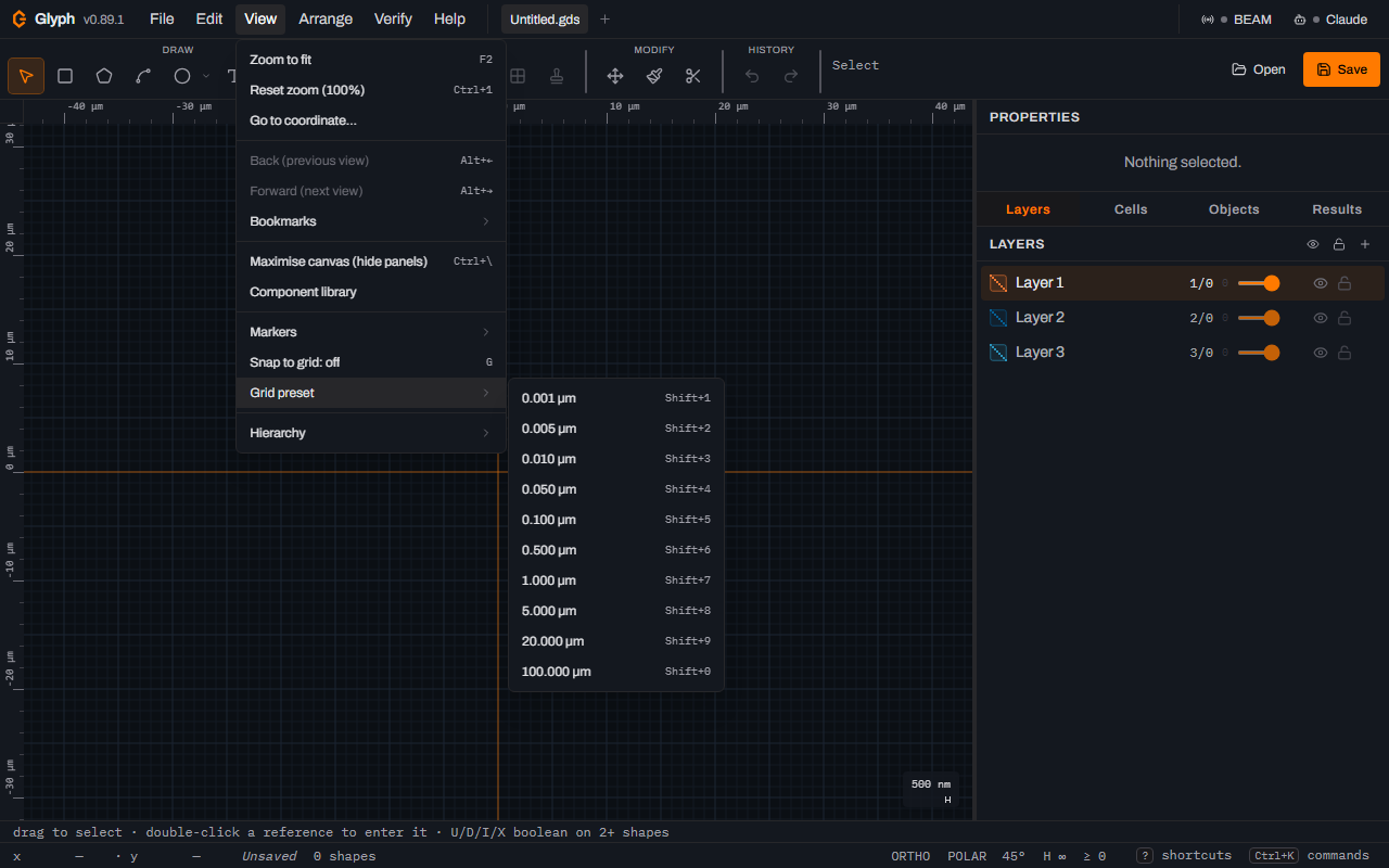 Glyph's View menu with Grid preset hovered, opening a flyout submenu of ten rows pairing a step value in micrometres — from 0.001 to 100.000 — with its Shift+1 through Shift+0 key, and the Snap to grid row above it reading off.