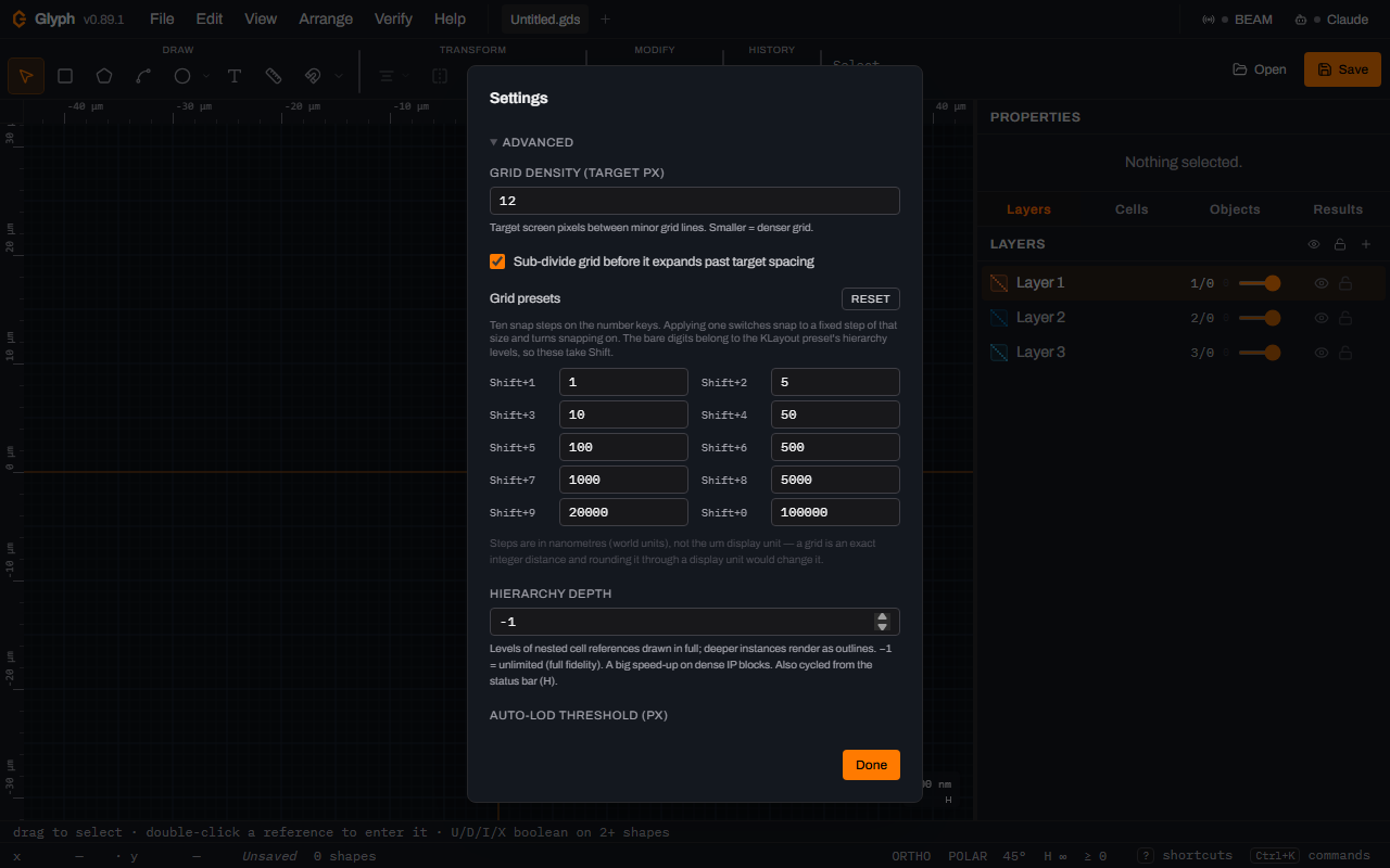 Glyph's Settings dialog titled Settings, with the Advanced section expanded showing Grid density, a Sub-divide checkbox, then the Grid presets section: a Reset button, an explanatory note, and ten labelled Shift+1 through Shift+0 number fields showing 1, 5, 10, 50, 100, 500, 1000, 5000, 20000 and 100000 nanometres, with Hierarchy depth visible below it.