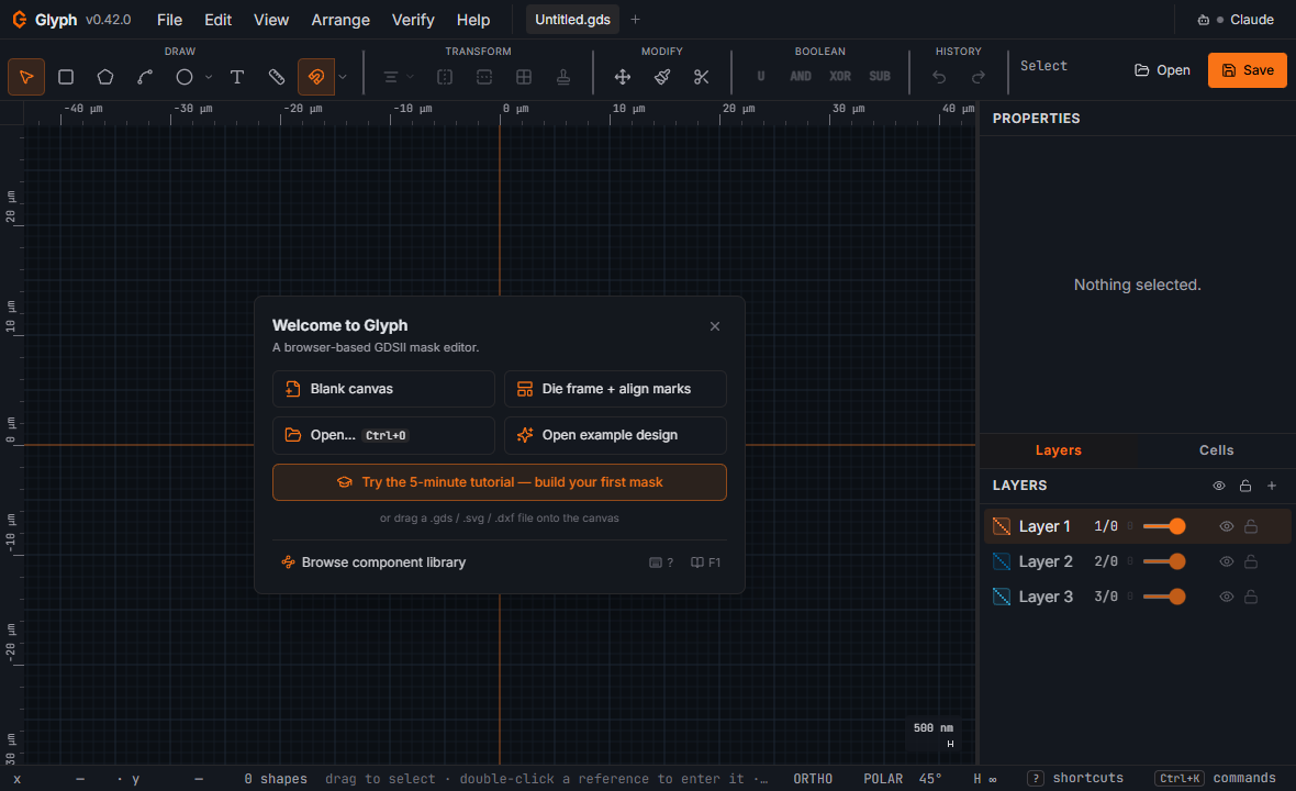 The Glyph editor on launch: a Welcome panel offering a blank canvas, a die-frame starter, Open, Open example design, and a Try-the-5-minute-tutorial button, over an empty grid canvas.