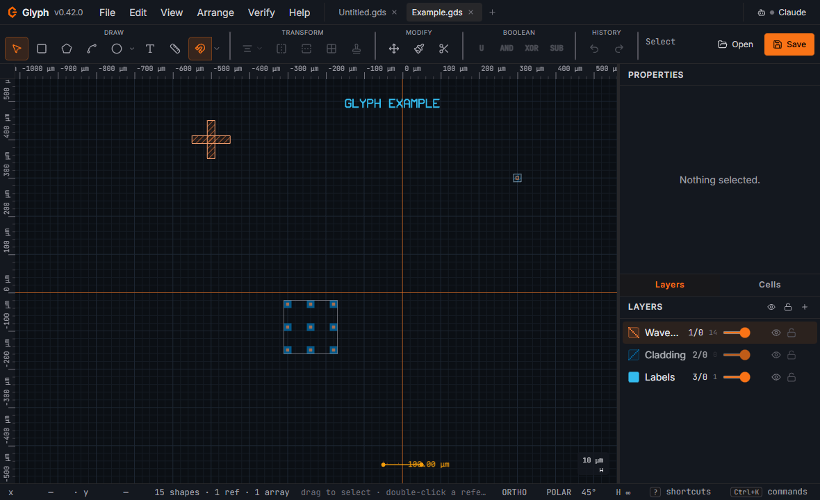 The Glyph editor with the example design open — a hatched alignment cross, a GLYPH EXAMPLE text label, and an array of cells drawn across three coloured GDS layers (Waveguide, Cladding, Labels) shown in the Layers panel, with a dimension line and scale bar.