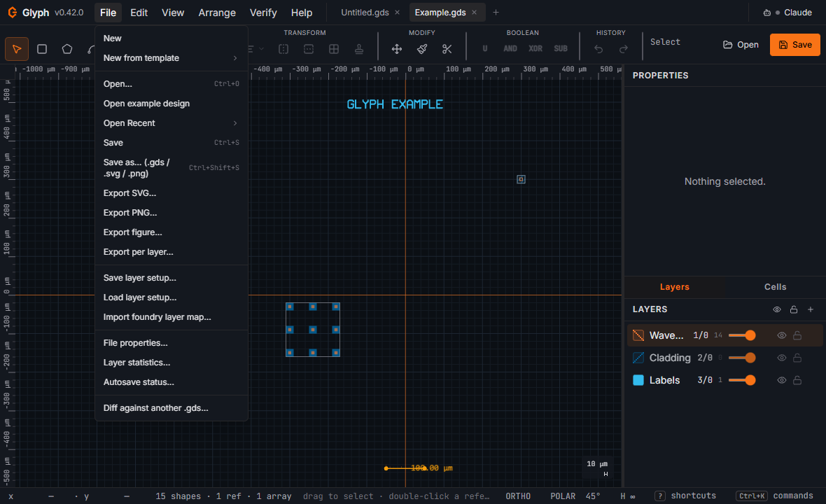 The Glyph File menu open over the example design, showing New, New from template, Open, Open example design, Save (Ctrl+S), Save as (.gds / .svg / .png), and Export commands.